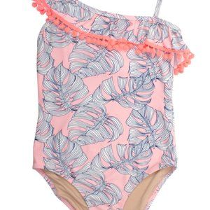 Pink One Shoulder Palm Leaf One Piece Swimsuit Wit